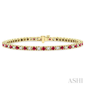 2.5 MM Ruby and 1 1/2 Ctw Round Cut Diamond Square Box Link Precious Tennis Bracelet in 14K Yellow Gold